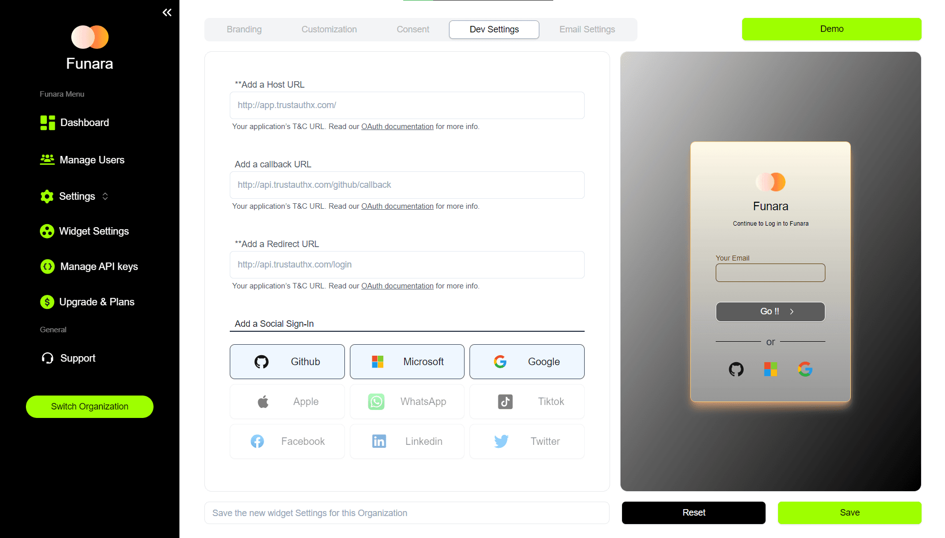 The TrustAuthX dashboard: widget settings for the Funara organization, with social sign-in options and a live preview of the login widget.